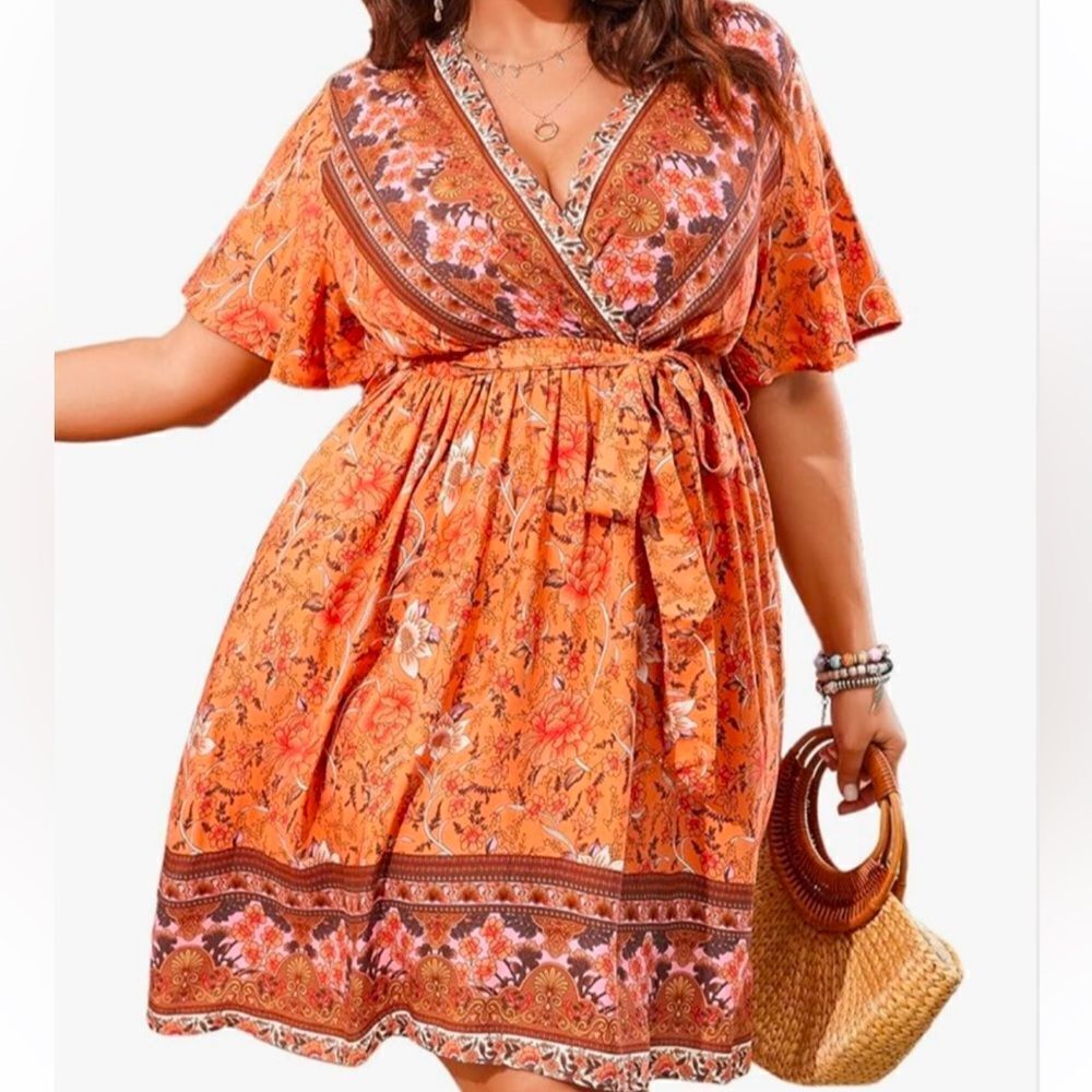 V-Neck Bohemian Orange Floral Print Short Summer Dress Cover Up Size 2XL NEW